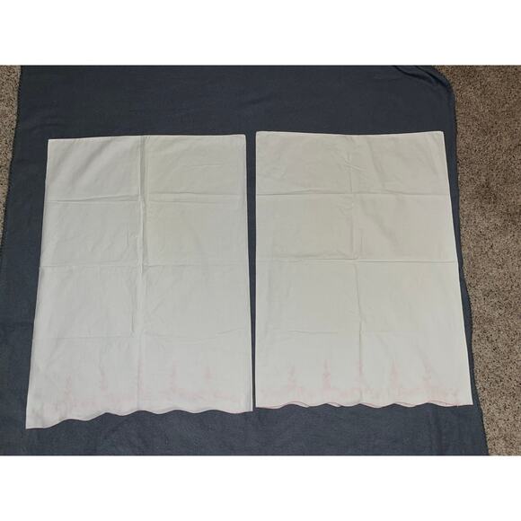 Hand Embroidered Pillow Cases Pink Scalloped Hem Floral Vtg Cotton Standard - Picture 5 of 7